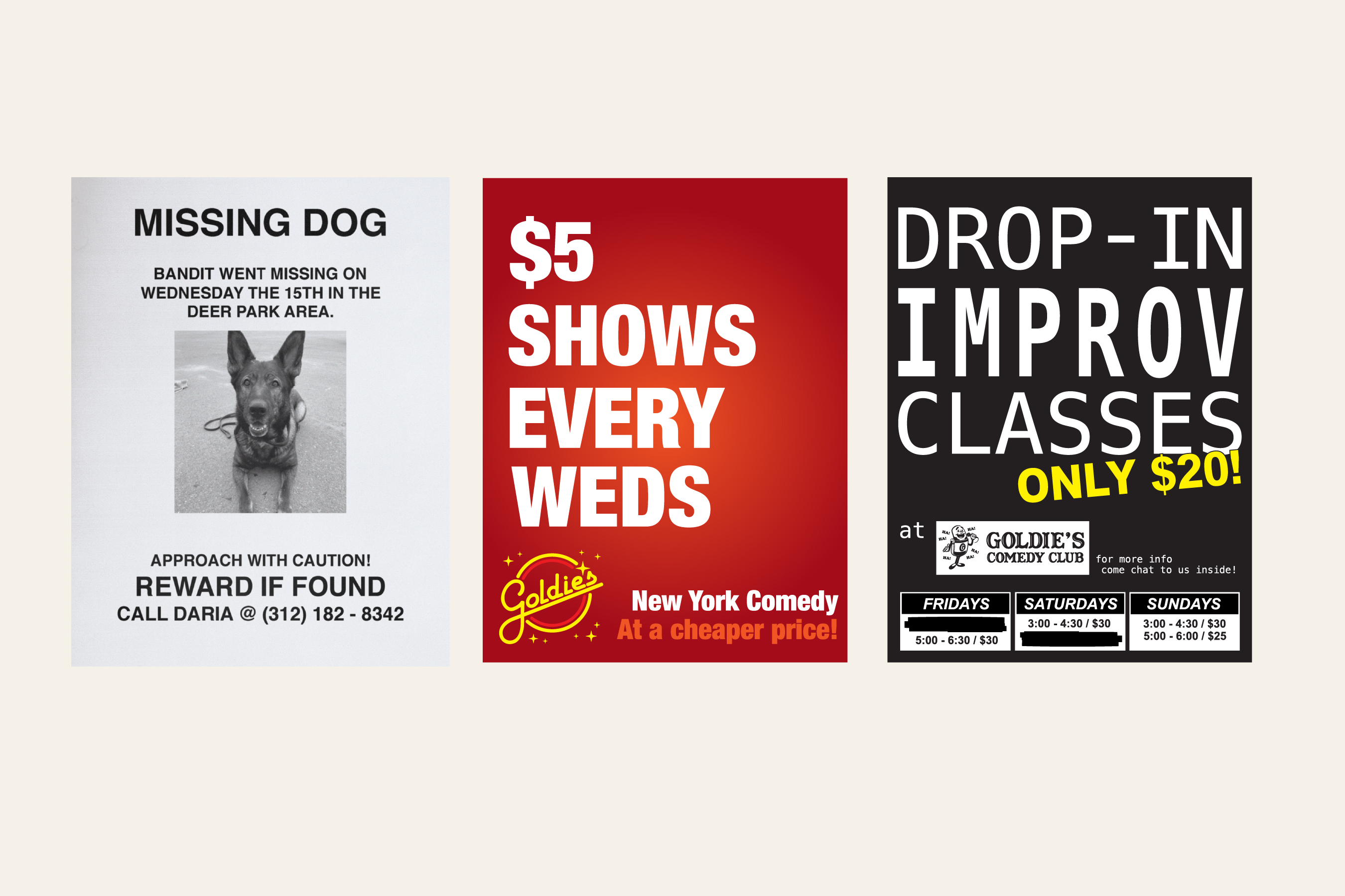 Vernacular advertising posters and a missing-dog flyer shown camera-forward across two episodes