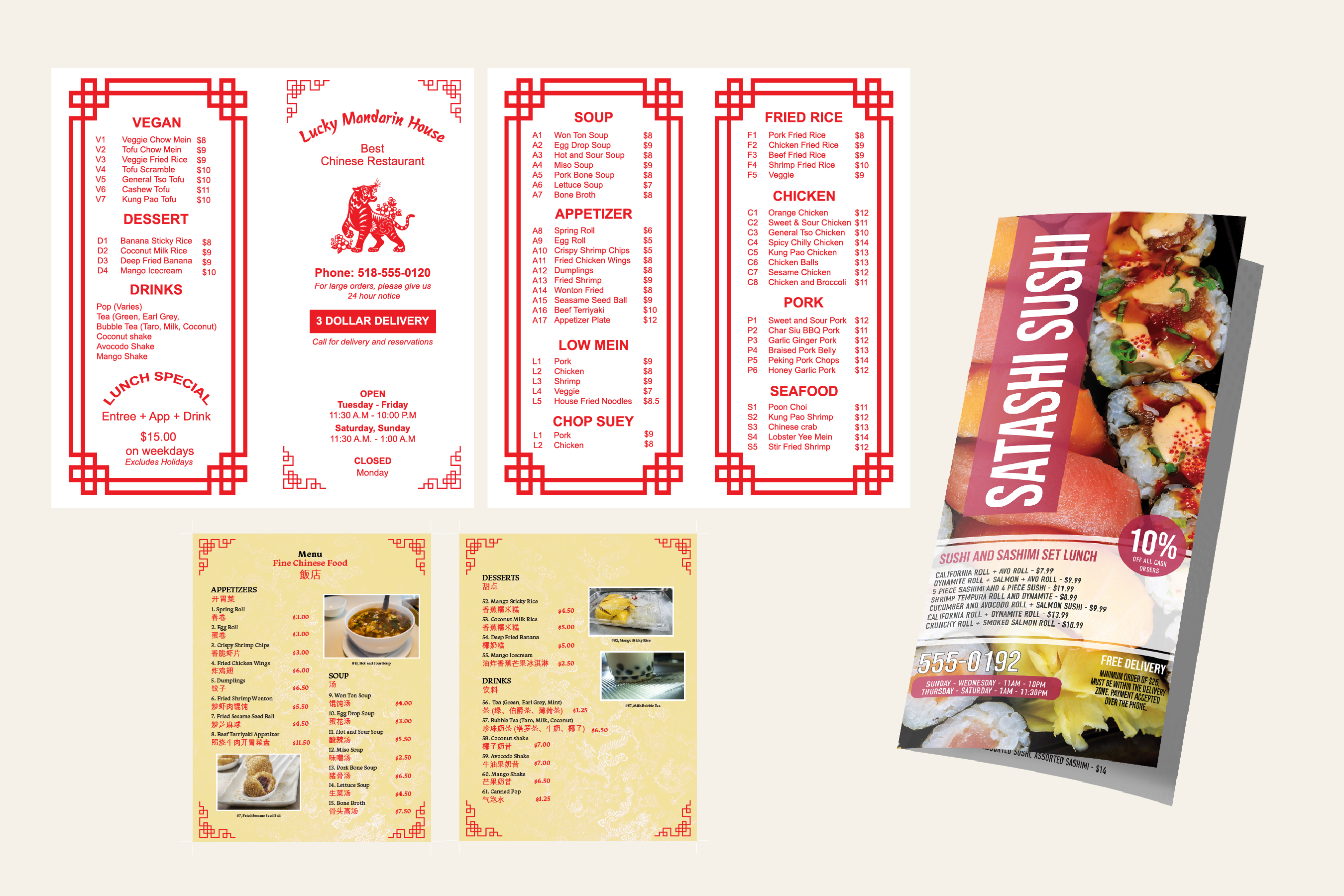 Fake takeout menus designed as featured set dressing for episode 7