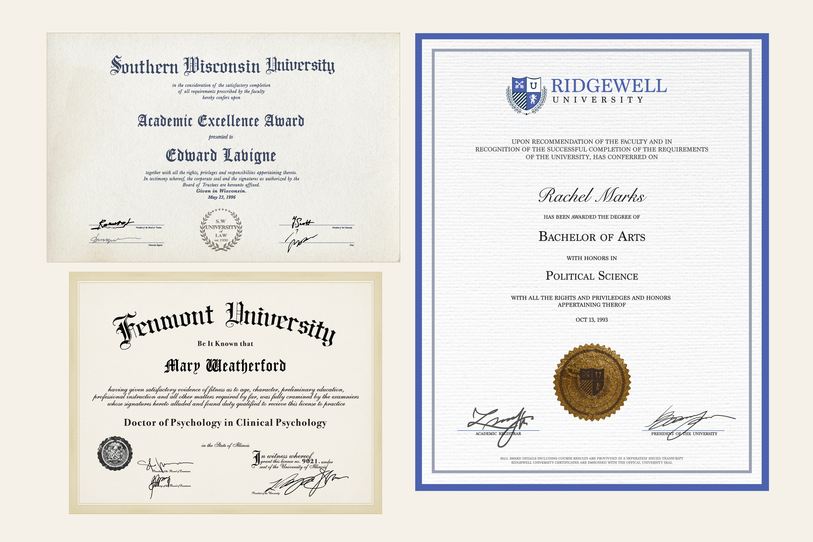 Fake diplomas and degrees with metallic seal branding, supplied to set dec across multiple episodes