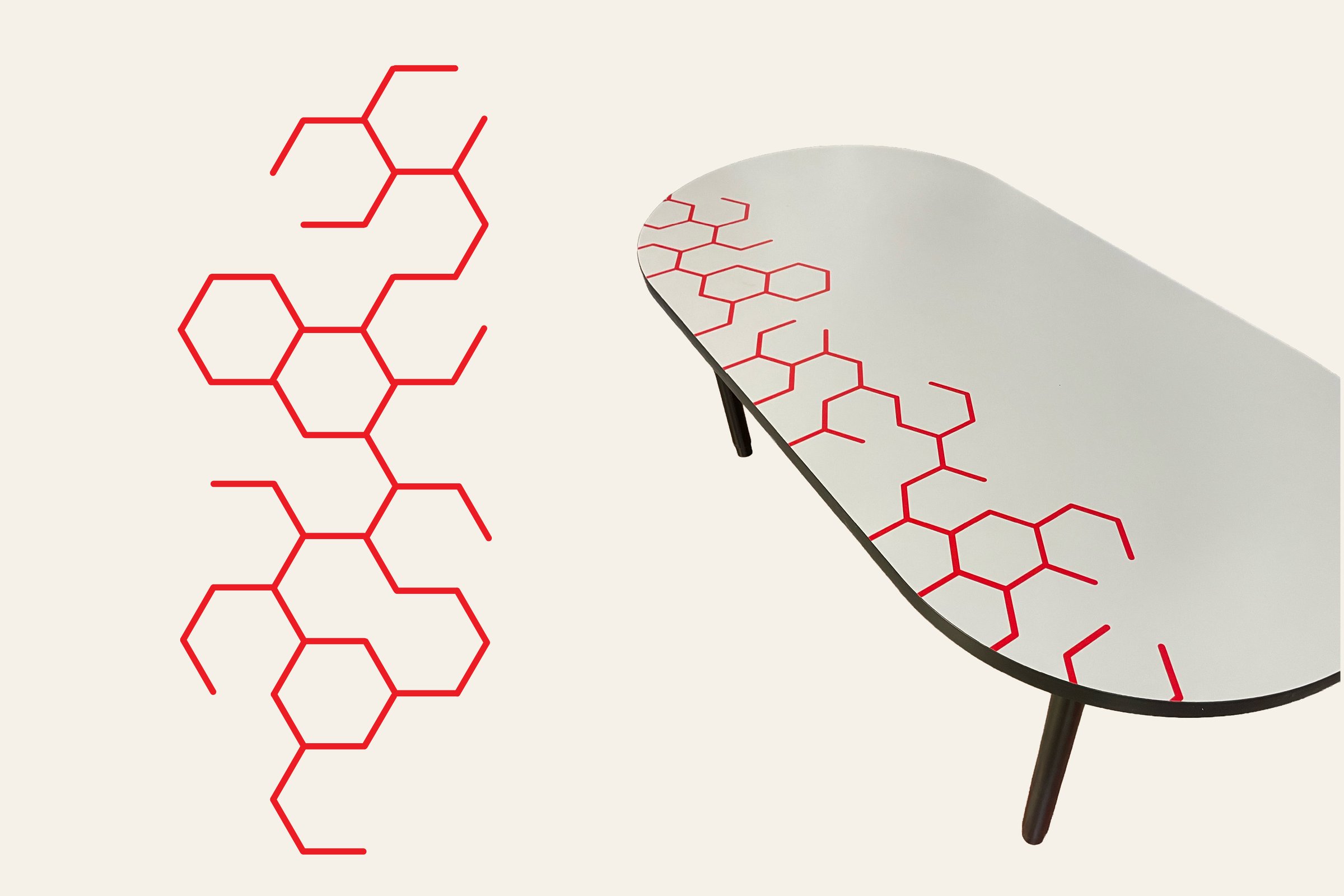 Sci-fi honeycomb tabletop pattern designed and applied as red vinyl decals across the school set