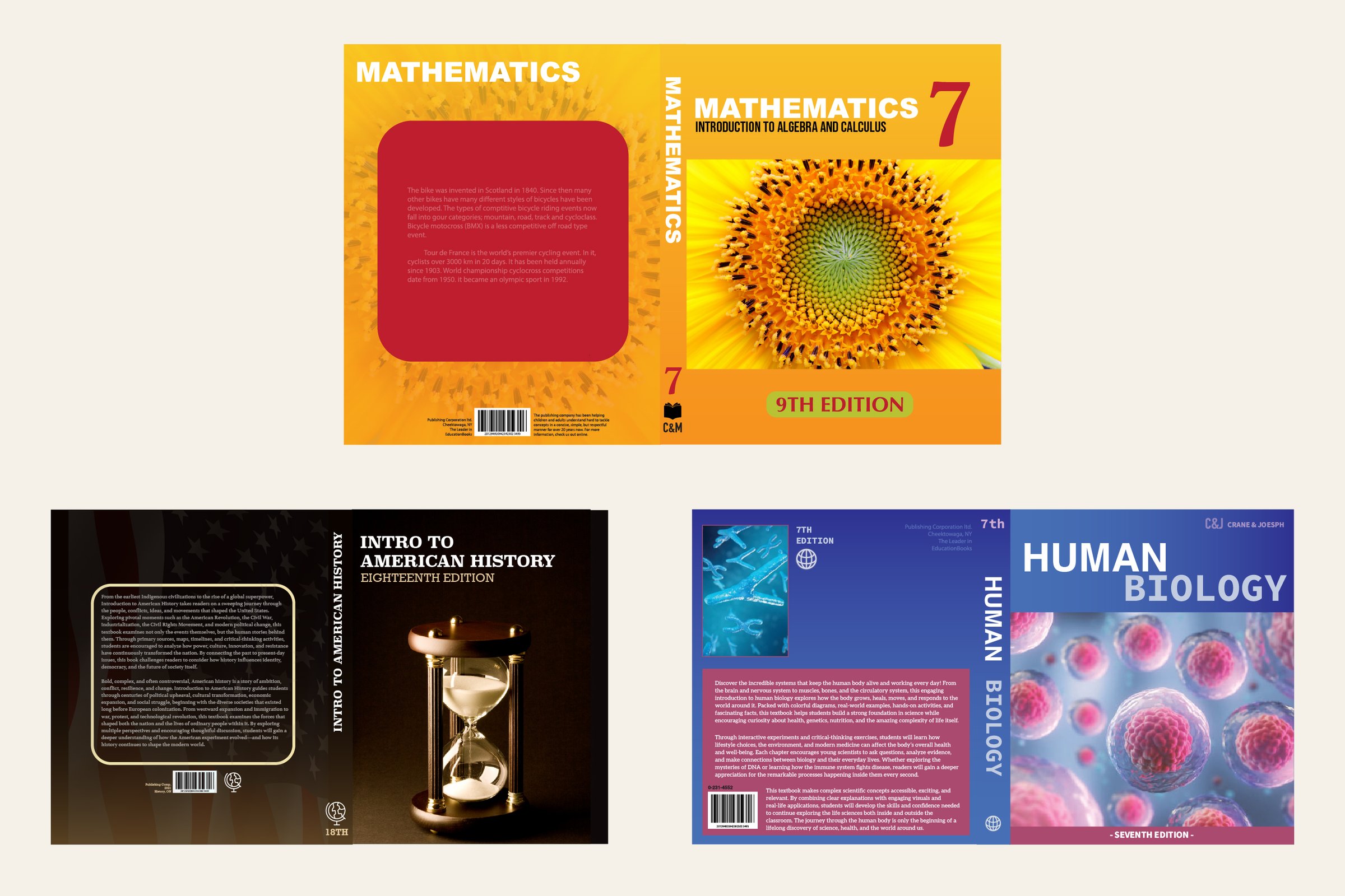 Three textbook covers designed for background set dressing across multiple episodes