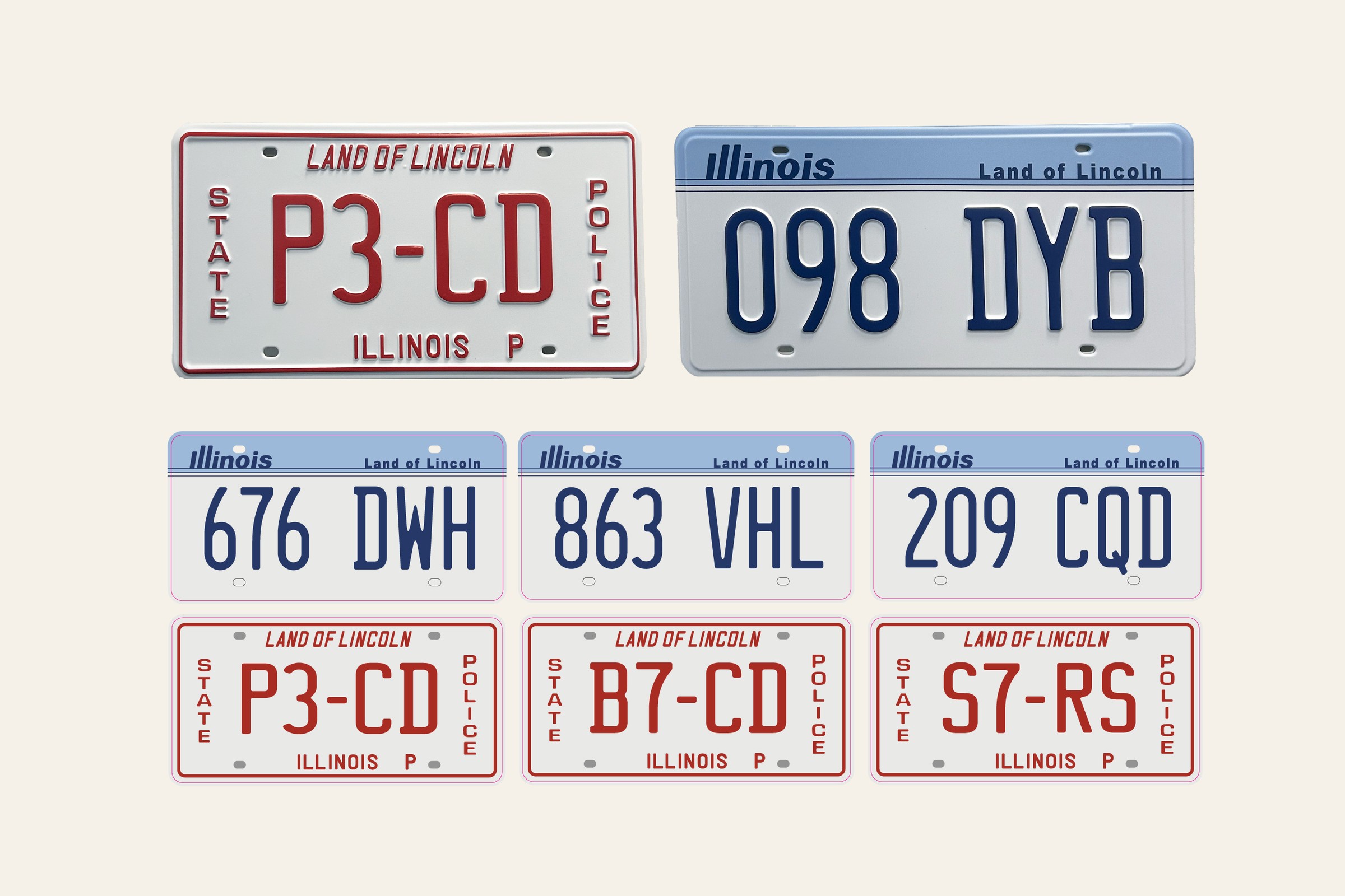Illinois state and police license plates designed for multiple episodes