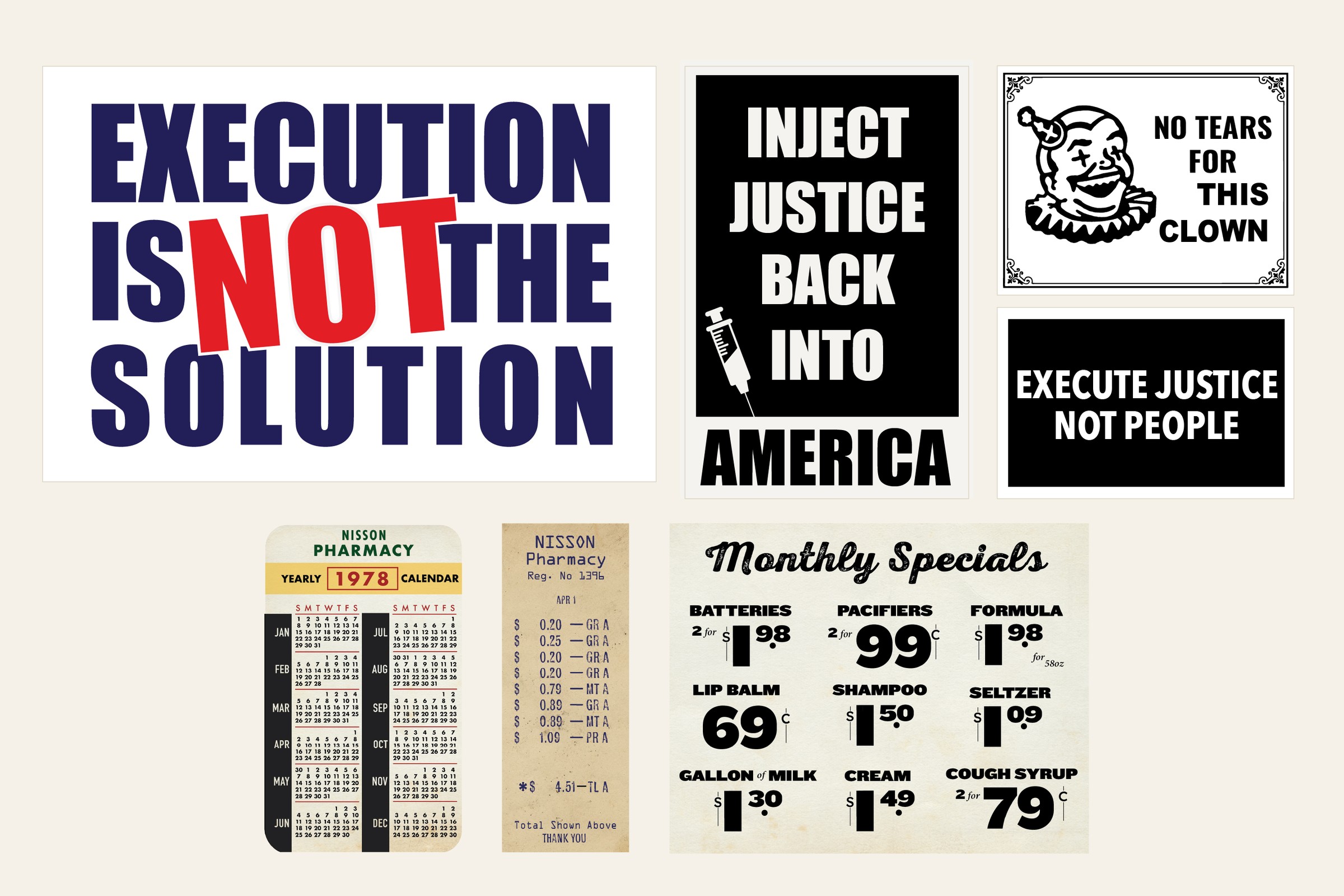 Death penalty protest signs and aged background graphics across multiple episodes