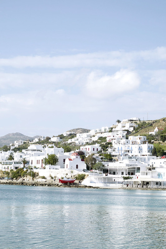 Whitewashed buildings of Mykonos along the harbor