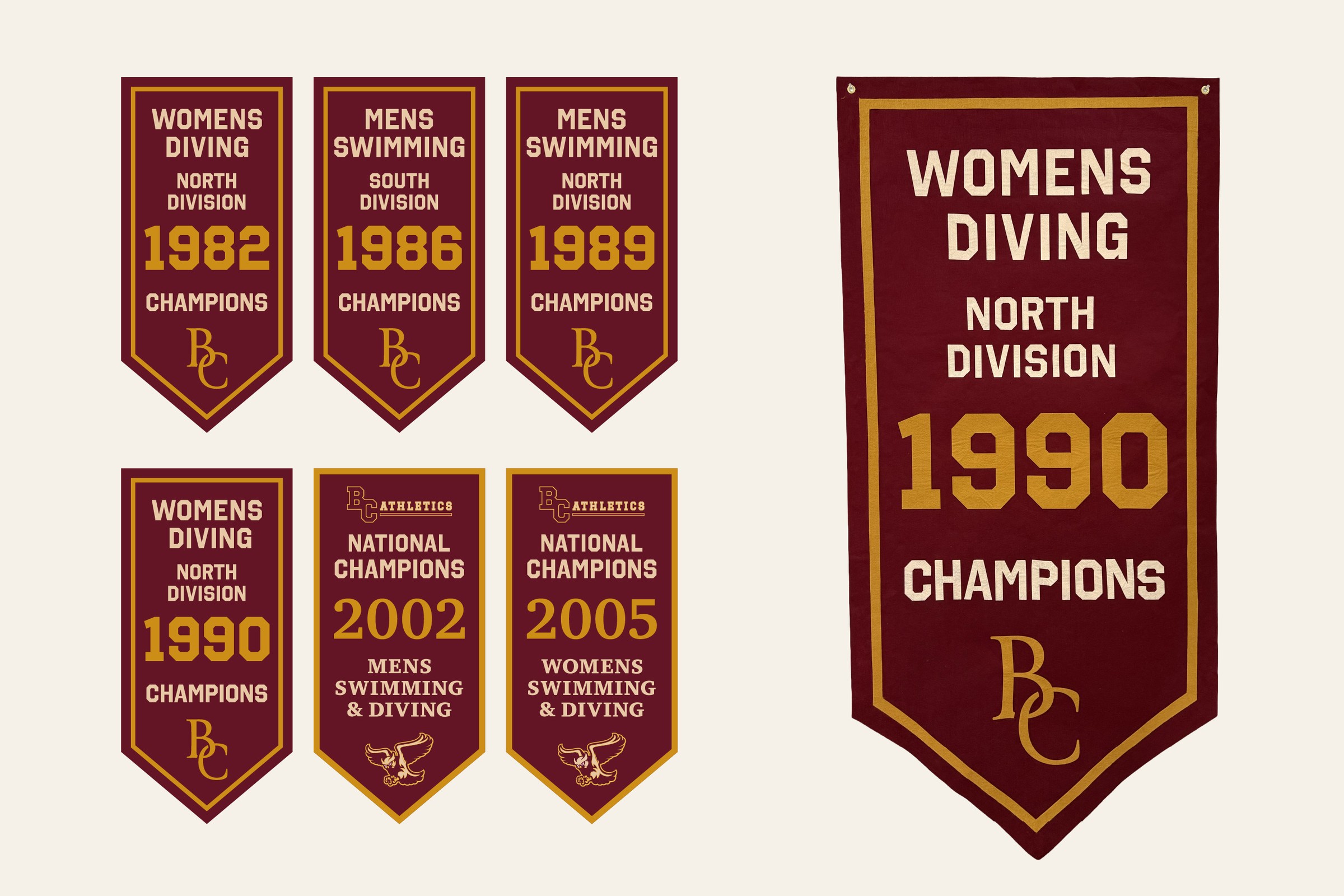 Baird College championship banners, set dressing for the gym in S3 EP:05