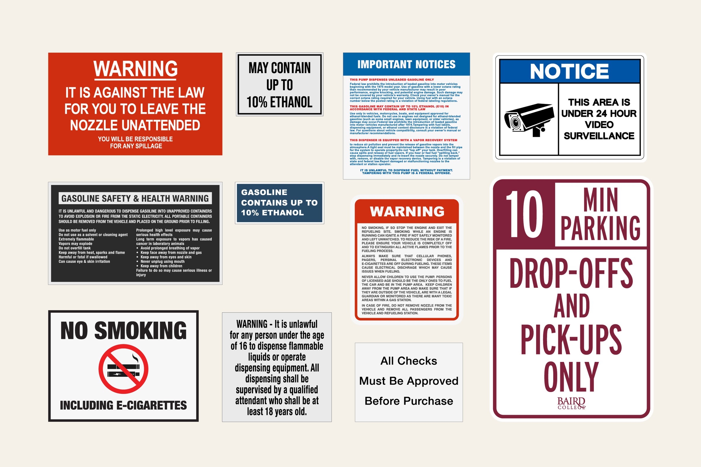 Stickers and signs for the gas station and parking lot, featured set dressing for the season finale