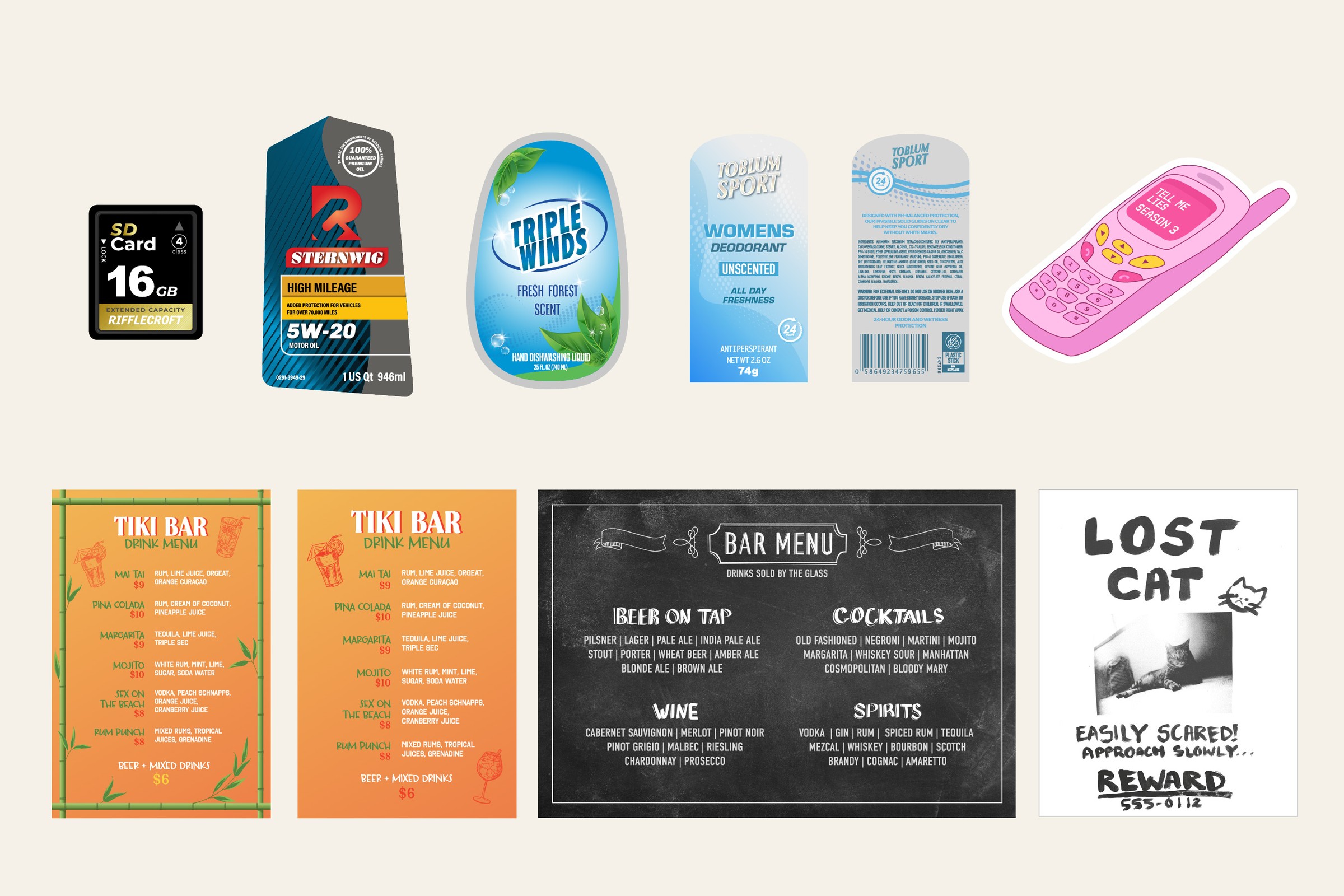 Miscellaneous prop labels and menu designs from multiple episodes