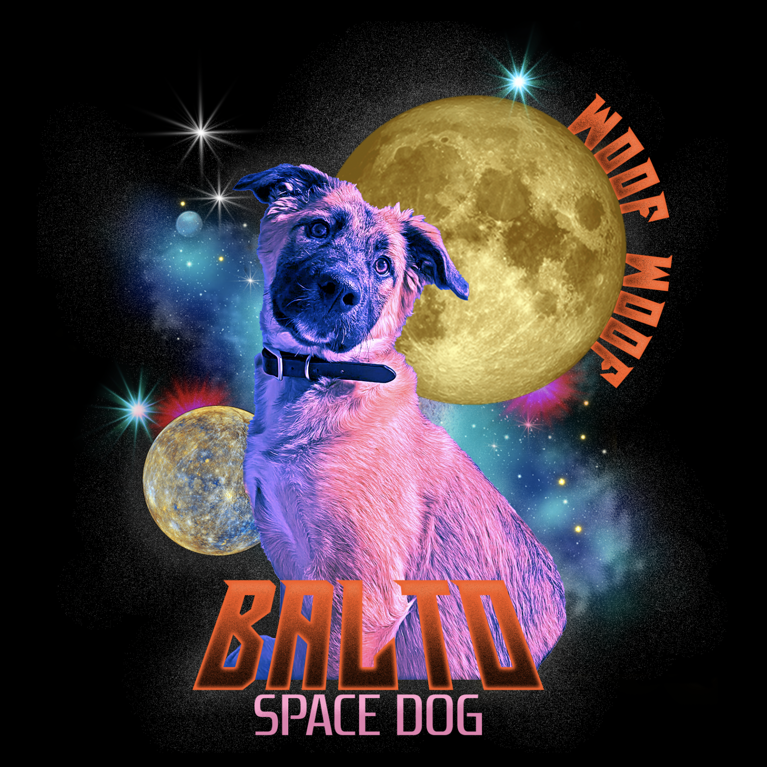 Balto Space Dog t-shirt design — Y2K airbrush bootleg style with pet portrait, moons, and orange display type