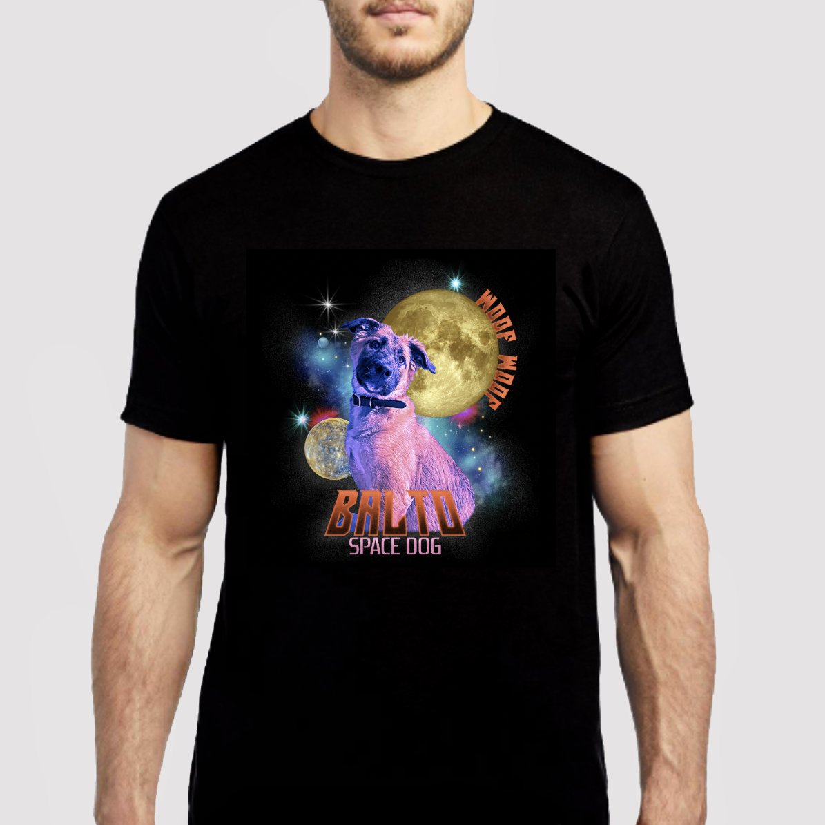Balto Space Dog design printed on a black t-shirt, mockup